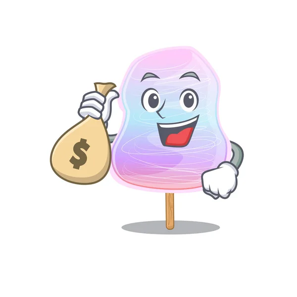 Rico y famoso arco iris algodón caramelo personaje de dibujos animados celebración bolsa de dinero — Vector de stock