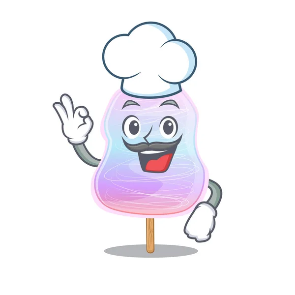 Rainbow personaje de dibujos animados de algodón de azúcar trabajando como chef y con sombrero blanco — Vector de stock