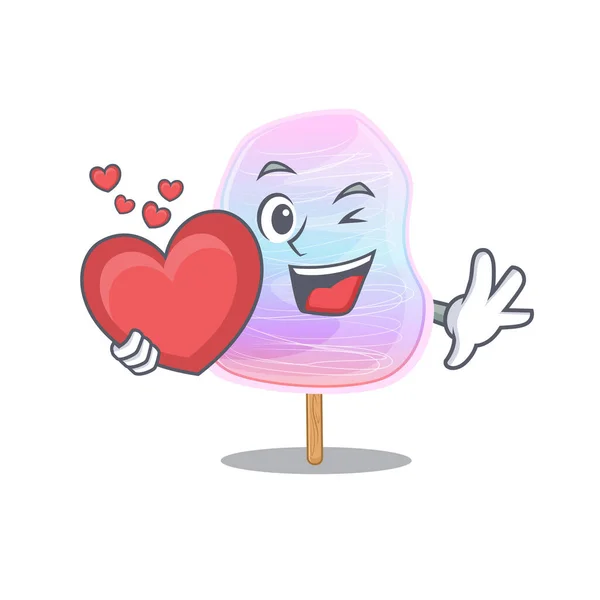 Romántico arco iris algodón caramelo dibujo animado sosteniendo un corazón — Archivo Imágenes Vectoriales