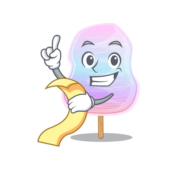 A funny cartoon character of rainbow cotton candy holding a menu — ストックベクタ