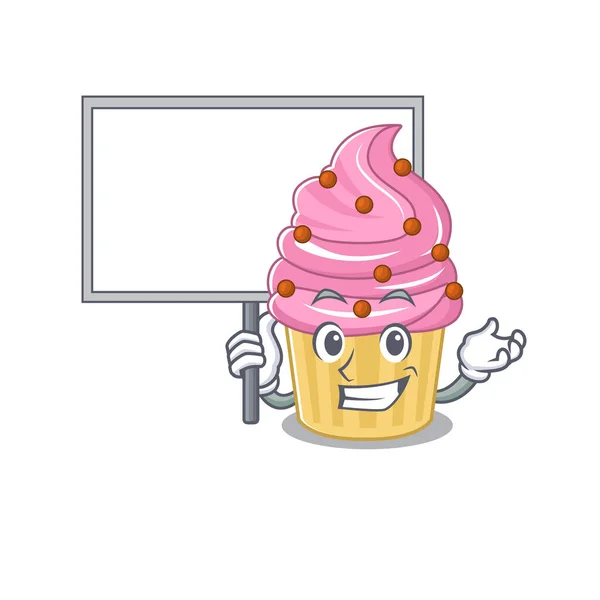 Una linda imagen del diseño de la mascota del cupcake de fresa con un tablero — Archivo Imágenes Vectoriales
