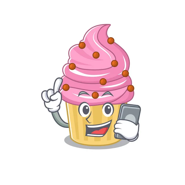Strawberry cupcake Cartoon design style speaking on a phone — Stock vektor