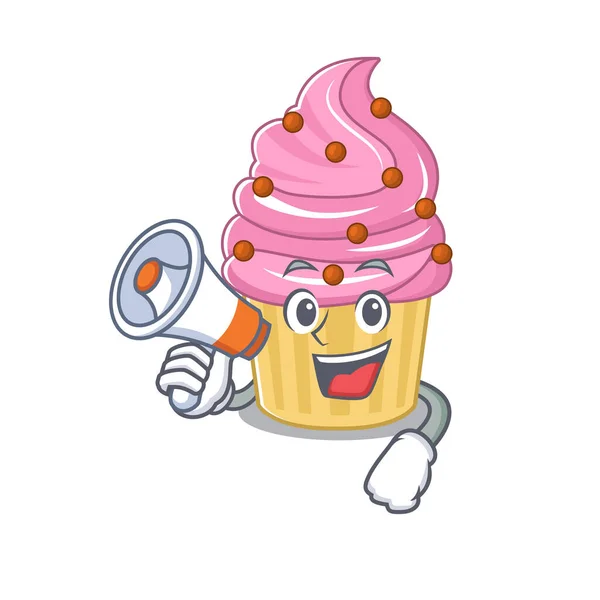 Una mascota de magdalena de fresa hablando en un megáfono — Vector de stock