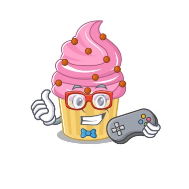 Smiley gamer strawberry cupcake cartoon mascot style