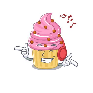 Listening music strawberry cupcake cartoon character concept