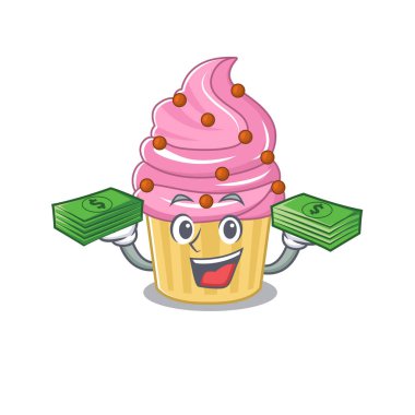 cool rich strawberry cupcake character having money on hands