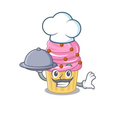 A picture of strawberry cupcake as a Chef serving food on tray