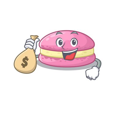 Rich and famous strawberry macarons cartoon character holding money bag