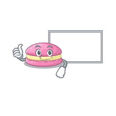 Thumbs up of strawberry macarons cartoon design having a board