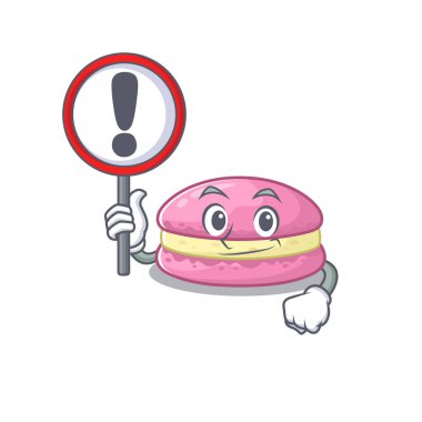 cute mascot character style of strawberry macarons raised up a sign