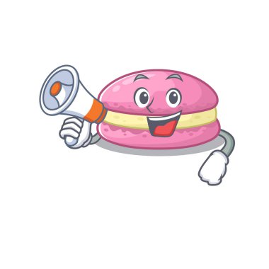 A mascot of strawberry macarons speaking on a megaphone