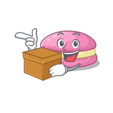 Cute strawberry macarons cartoon character having a box