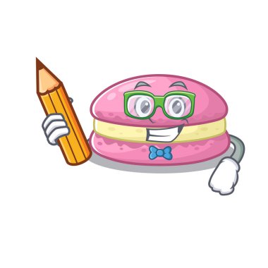 A smart Student strawberry macarons character holding pencil