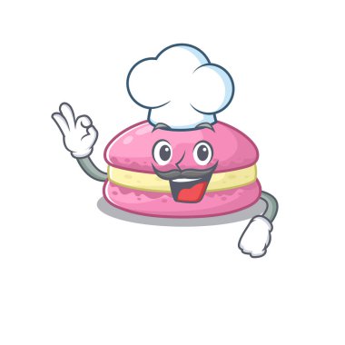 Strawberry macarons cartoon character working as a chef and wearing white hat