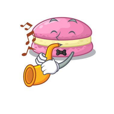mascot design concept of strawberry macarons playing a trumpet