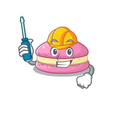 cartoon character style strawberry macarons working as an automotive