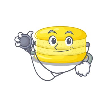 Limonlu macaron çizgi filminin maskotluk resmi. Aletleri olan bir doktor. Vektör illüstrasyonu