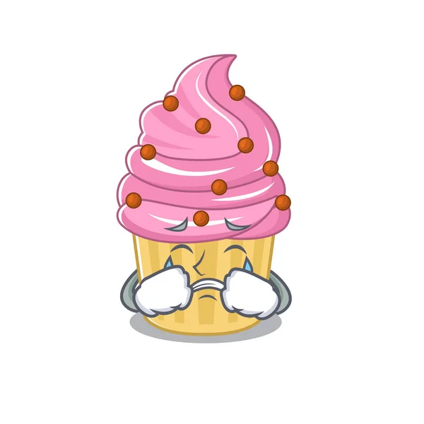 Conceito de personagem de desenho animado de cupcake de morango com um rosto triste — Vetor de Stock