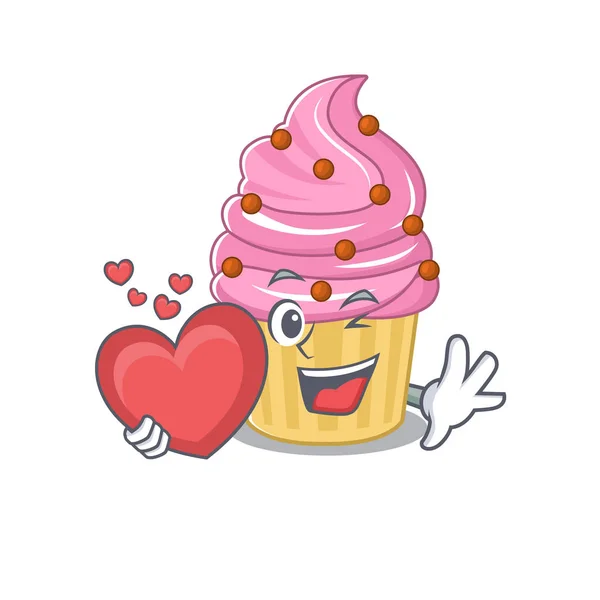 Romantic strawberry cupcake cartoon picture holding a heart — Stock Vector