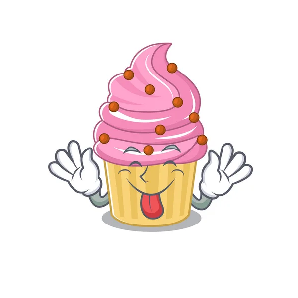 Design de mascote de cupcake de morango engraçado com língua para fora —  Vetores de Stock