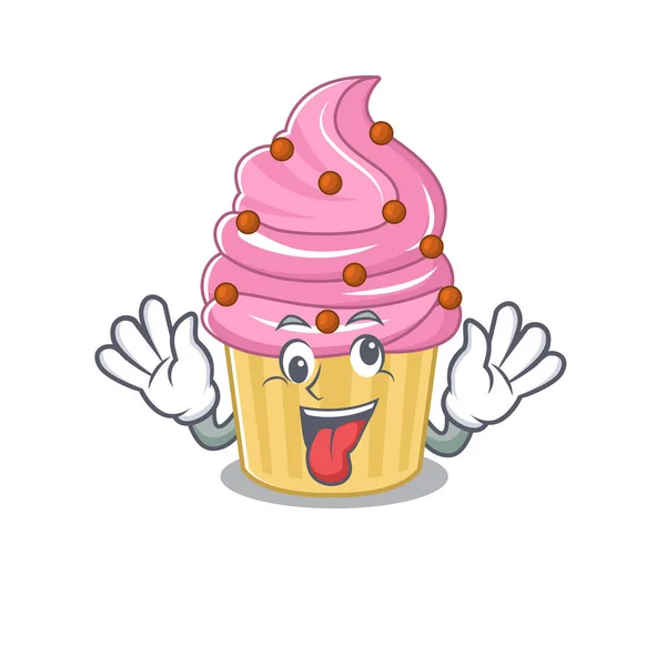 Cute sneaky Strawberry cupcake Cartoon character with a crazy face — Stock vektor