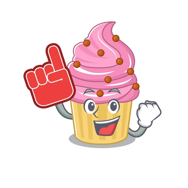 Una imagen del diseño de dibujos animados de la mascota del cupcake de fresa sosteniendo un dedo de espuma — Vector de stock