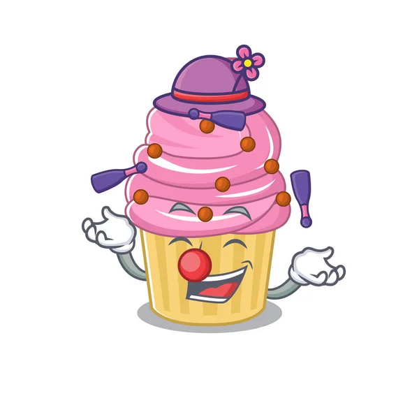 Un animado cupcake de fresa diseño de personajes de dibujos animados jugando Malabares — Vector de stock