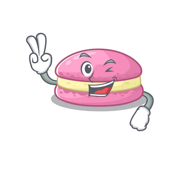 Mascot of funny strawberry macarons cartoon Character with two fingers — ストックベクタ