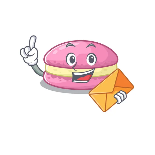 Happy face strawberry macarons mascot design with envelope — Stockvektor