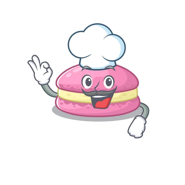 Macarons aux fraises personnage de dessin animé travaillant comme un chef et portant un chapeau blanc — Image vectorielle