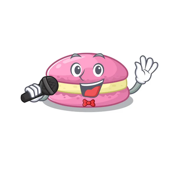 Happy strawberry macarons singing on a microphone — ストックベクタ