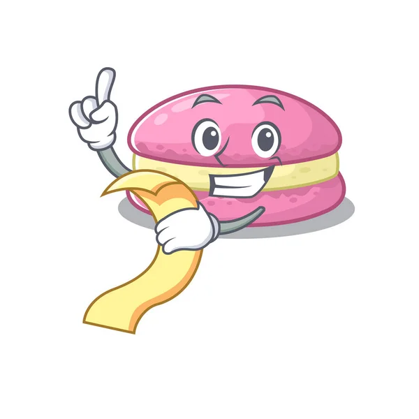 A funny cartoon character of strawberry macarons holding a menu — ストックベクタ