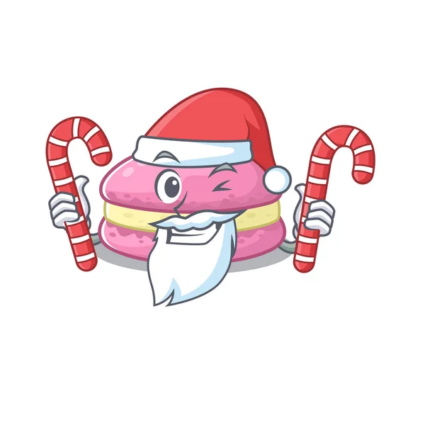 Strawberry macarons Cartoon character wearing Santa costume bringing a candy — Stockvector