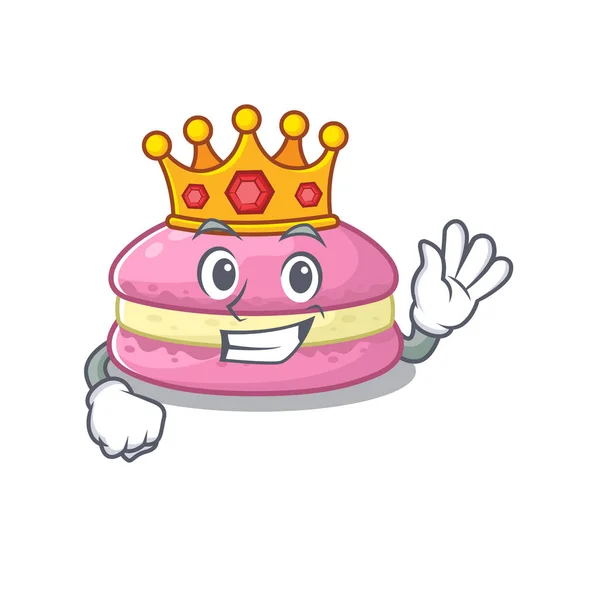 Un disegno della mascotte del fumetto di macaron alla fragola eseguita come un re sul palco — Vettoriale Stock