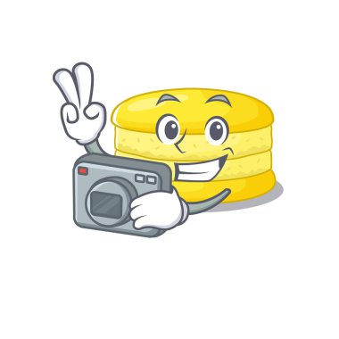 Kameralı havalı fotoğrafçı limonlu kurabiye karakteri. Vektör illüstrasyonu