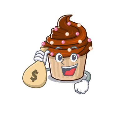 Zengin ve ünlü çikolatalı kek çizgi film karakteri para çantası tutuyor. Vektör illüstrasyonu