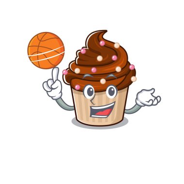 Basketbol oynayan çikolatalı kek çizgi film karakterinin maskot resmi. Vektör illüstrasyonu