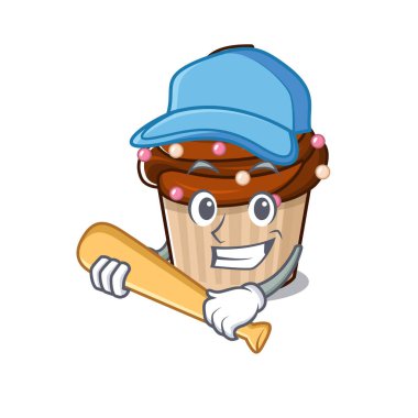 Gülen Komik Çikolatalı Kek. Beyzbollu bir maskot tasarımı. Vektör illüstrasyonu