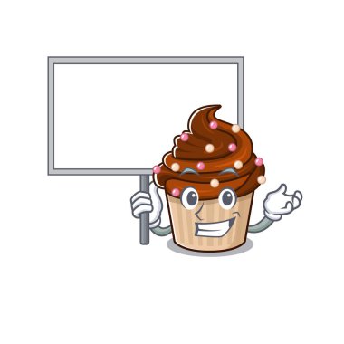 Çikolatalı kek maskot tasarımının tahtası olan şirin bir resmi. Vektör illüstrasyonu