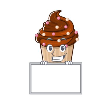 Çikolatalı kek çizgi film tasarımı konsepti tahtayla sırıtıyordu. Vektör illüstrasyonu