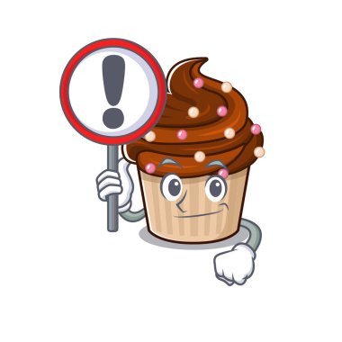 Çikolatalı kekin sevimli maskotluk tarzı bir tabela kaldırdı. Vektör illüstrasyonu