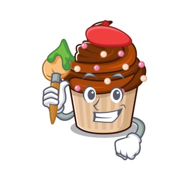 Çikolatalı kekin, fırçası olan bir sanatçı olarak güzel bir resmi. Vektör illüstrasyonu