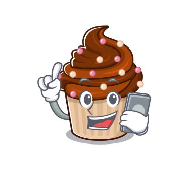 Çikolatalı kek çizgi film tasarımı telefonda konuşuyor. Vektör illüstrasyonu