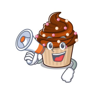 Megafonla konuşan bir çikolatalı kek maskotu. Vektör illüstrasyonu