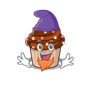 Elf gibi giyinmiş komik çikolatalı kek maskotu. Vektör illüstrasyonu