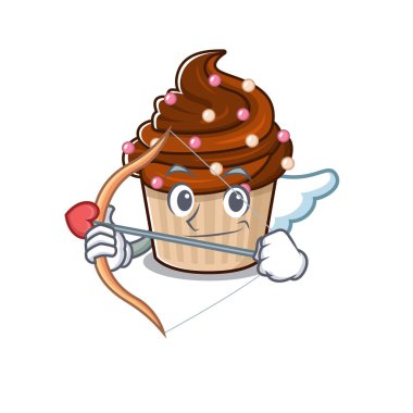 Tatlı çikolatalı kek, ok ve kanatlı aşk tanrısı çizgi film tasarımı. Vektör illüstrasyonu