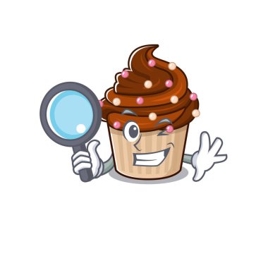 Zarif ve akıllı çikolatalı kek dedektif çizgi film tasarımı konsepti. Vektör illüstrasyonu