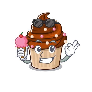 Mutlu yüzlü çikolatalı kek çizgi film dizaynı. Dondurmalı. Vektör illüstrasyonu