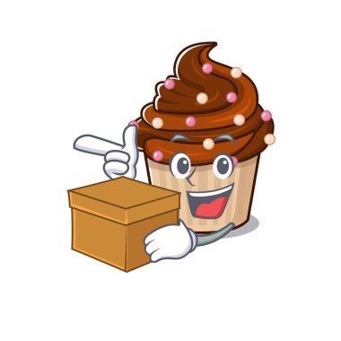 Tatlı çikolatalı kek çizgi film karakteri kutuya sahip. Vektör illüstrasyonu