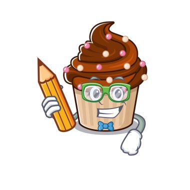 Kalem tutan zeki bir çikolatalı kek karakteri. Vektör illüstrasyonu